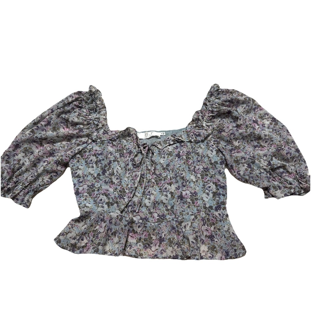 Astr The Label Womens M Blue Purple Ditsy Puff Sleeve Corset Top Ruffle Floral